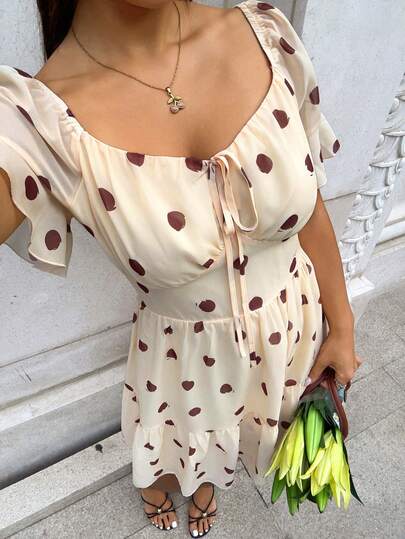 Serisse Vestido corto de mujer con estampado de lunares y hombros descubiertos, moda de verano