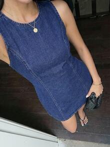 Serisse Women's Casual Round Neck Denim Dress For Daily Wear - Dark Wash - View 4