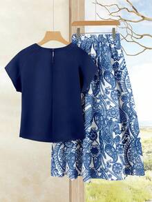 EMERY ROSE 女士度假休闲纯色上衣+印花半裙套装（2件套），女士夏季服装，夏季半裙套装，半裙上衣套装，女士半裙上衣套装，印花半裙套装 - 彩色 - 查看 4