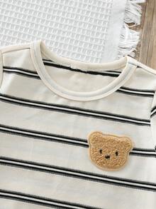 Cozy Pixies 2pcs/Set Kids Baby Boy/Girl Striped Bear Print Soft Knit Round Neck Short Sleeve Top And Elastic Waist Khaki Shorts - Multicolor - View 3