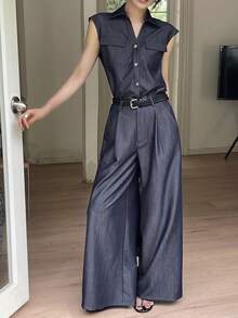 DAZY Women's Casual Commuting Golf Solid Color Flap Pocket Cuffed Sleeve Shirt And Wide Leg Pants 2 Pieces Set, Spring/Summer Lounge Sets For Women Pastal - Navy Blue - View 8