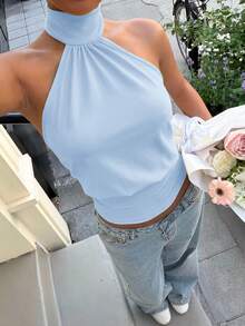 Muchica 女士蓝色针织露背吊带上衣 - 藍色 - 查看 1