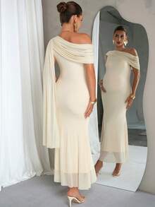 MaterniChic Maternity Elegant White Summer Dress,Pregnant Women's Asymmetrical Shoulder Bodycon Luxury Evening Party Dress For Baby Shower Wedding Guest - Apricot - View 4