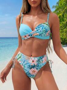 Bộ đồ bơi bikini in họa tiết nhiệt đới, áo ngực nâng ngực và quần bơi 2 mảnh thời trang mùa hè - Màu xanh bạc hà - Xem 4