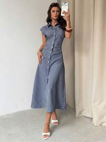 Firerie 女士蓝白条纹泡泡袖A字中长连衣裙，系带衬衫裙，休闲通勤翻领连衣裙，收腰条纹办公中长裙，适合春、夏、秋季，优雅百搭，通勤、约会、工作、返校、教师节、正式场合、商务通勤，简约连衣裙 - 藏蓝色 - 查看 7