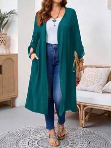 EMERY ROSE Chaqueta casual holgada de unicolor con bolsillos, versátil para uso diario en tallas grandes - Agua verde azul - Ver 5