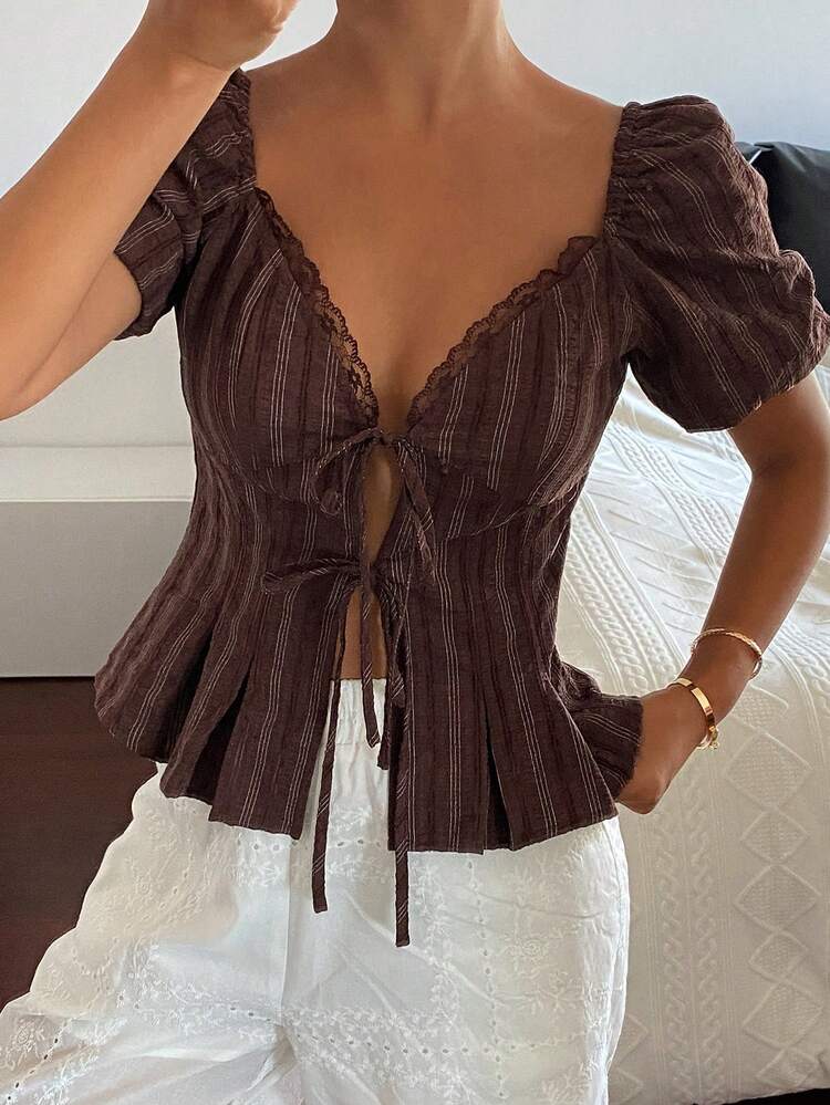 Striped Waist Pleated Lace Tie Petal Sleeve Elegant Summer Blouse For Women