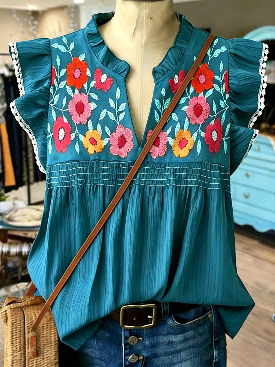 Linhara Plus Size Women V-Neck Floral Embroidery Pattern Casual Versatile Daily Wear Shirt - Teal Blue - View 1