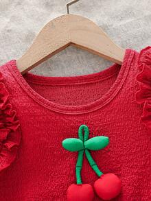 SHEIN Playful Pals 两件套女童优雅休闲圆领荷叶袖无袖樱桃印花上衣+刺绣樱桃牛奶裙，适合日常、通勤、休闲、度假、夏季穿着 - 彩色 - 查看 5