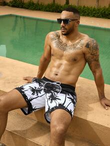 Manfinity Swimmode Quần short đi biển cỡ lớn dành cho nam, in hình cây dừa, kiểu dáng mùa hè, có dây rút ở eo. - Nhiều màu - Xem 5