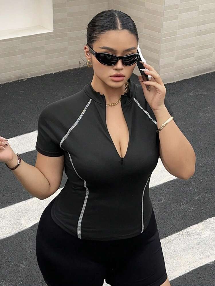 Dazy Plus Half-Zip Mandarin Collar Short Sleeve Fitted Cropped Casual Sports Tee, Plus Size Women Spring/Summer