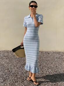 DAZY 女士优雅翻领撞色条纹针织连衣裙，夏季 - 淺藍色 - 查看 4