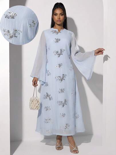 Veilorie Women's Floral Sequin Flare Sleeve Elegant Turkish Maxi Dress