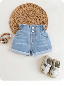 SHEIN Quần short denim bạc màu mùa hè cho bé gái. - Rửa nhẹ - Xem 2