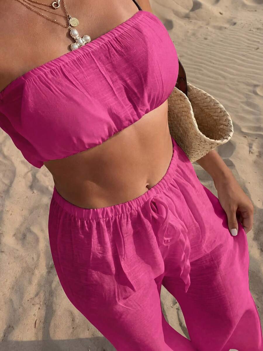 SHEIN Swim 跨境新款两件套:纯色抹胸上衣和长裤,优雅度假风女士泳装套装 - 玫紅色 - 查看 1