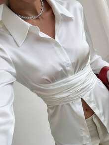 DAZY Women's Collared Fitted Elegant White Blouse Long Sleeve Tops - White - View 10