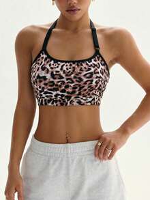 SHEIN Dewbera Women's Vintage Leopard Print Sports Bra With Contrast Straps And Hollow Back Design, Suitable For Daily Casual Wear, Running, Yoga, Gym, Tennis - Multicolor - View 5