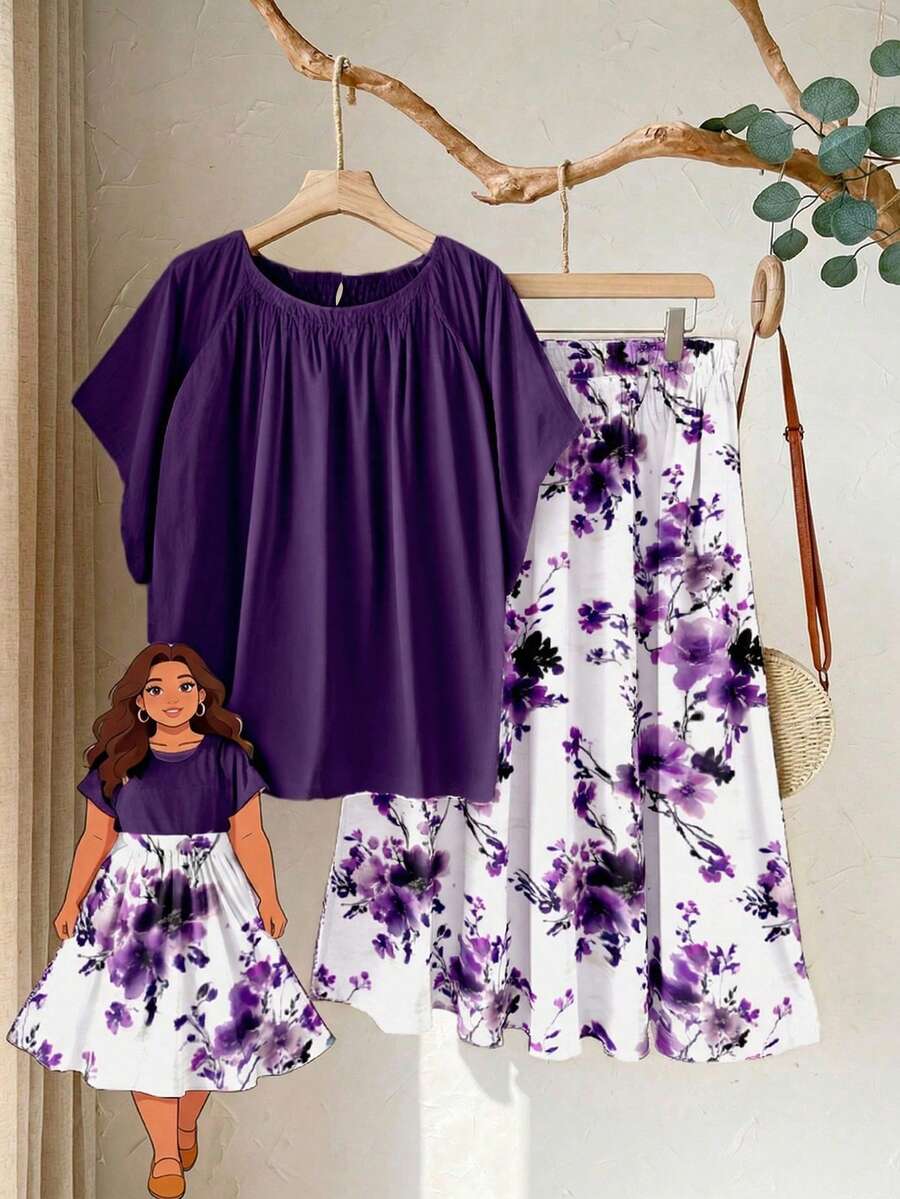 SHEIN RusticEase Bộ đồ hai mảnh in hoa màu tím lãng mạn dành cho nữ cỡ lớn, bộ đồ hai mảnh màu tím cỡ lớn, trang phục đi nghỉ mát, trang phục mùa hè. - Nhiều màu - Xem 1