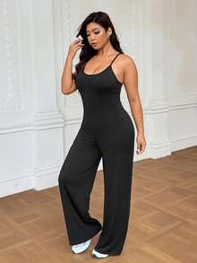SHEIN Sports Plus Size Women Casual Sleeveless Jumpsuit None, Gym Black Summer - Black - View 6
