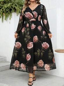 SHEIN CURVE+ Plus Size Floral Print Long Sleeve Vacation Dress - Multicolor - View 3