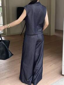DAZY Women's Casual Commuting Golf Solid Color Flap Pocket Cuffed Sleeve Shirt And Wide Leg Pants 2 Pieces Set, Spring/Summer Lounge Sets For Women Pastal - Navy Blue - View 7