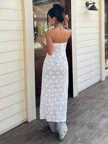 Selianne New Spring/Summer Sexy Vacation Style Hollow-Out Cropped Halter Slit Long Top, Designed 3D Floral Women Knit Blouse - Beige - View 2
