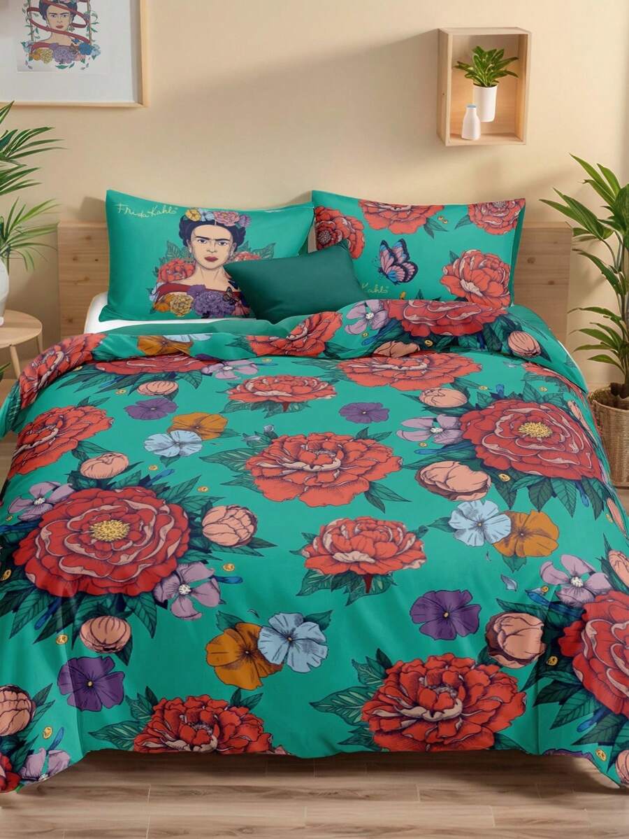 Frida Kahlo X SHEIN 三件套绿色复古印花被套，采用柔软舒适的鬃毛面料，适用于双人床/标准双人床/大号双人床/特大号双人床，适合春夏两季、海滩度假，花卉图案。 - 混色 - 查看 1