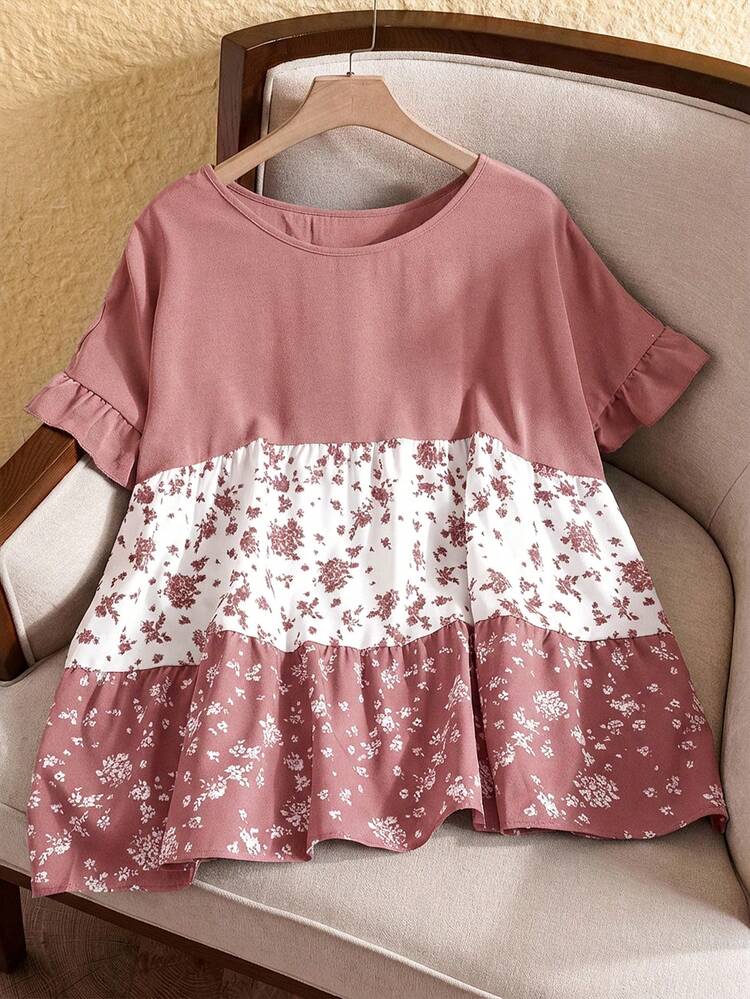Plus Size Casual Vacation Color Block Mixed Ditsy Floral Shirt,Casual Holiday Style, Casual Holiday Outfits, Summer Fashion, Women's Summer Outfits, Mother's Day Outfits, Country Concert Outfits, Women's Boho Outfits, Women's Western Outfits, Women's Holiday Outfits, Women Summer Clothing Women Plus Clothing Business Casual Woman S Summer Clothes Women Plus Clothing Formal