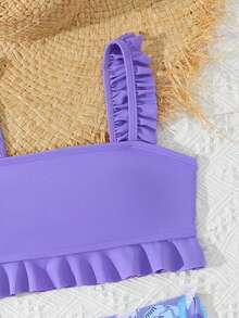 SHEIN Bộ bikini dành cho bé gái tuổi teen, gồm áo hai dây màu trơn có viền bèo nhún và quần bikini tam giác in hoa. - Màu tím - Xem 3