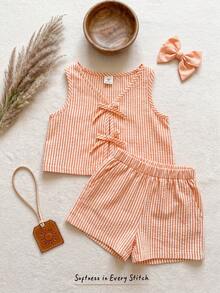 2 piezas Conjunto de top tejido a rayas naranjas y shorts para niña bebé - Naranja - Ver 5