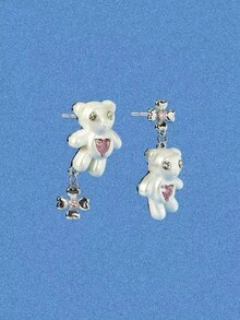 Popjeli Silver Bear Pink Love Gem Cute Earrings Necklace Ring Bracelet,Y2K/Cute/Colorful/Chic,For Mom/Women/Girl/Mother,Summer/Beach/Prom/Part/Vacation/Travel,PINK,Heart - Silver - View 16