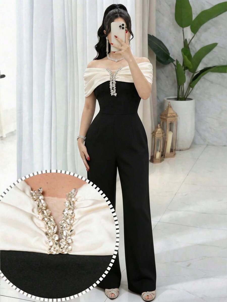 Feyla Women's Elegant Commuter Colorblock Rhinestone Decor Jumpsuit