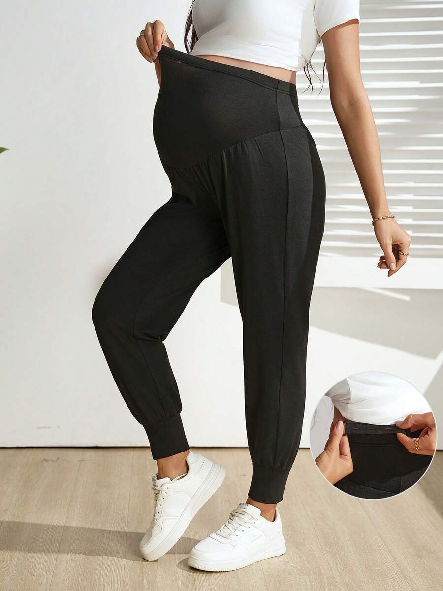 Momance Einfarbige lässige Umstandshosen mit Kordelzug, Schwangerschaftshosen für Schwangere, Umstandskleidung, Hose, Schwangerschaftshose, Umstandsjogginghose für Schwangere - Schwarz - Übersicht 1