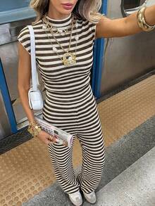 Siren Gaze 女士休闲条纹立领短袖上衣和裤子套装，适合夏季户外穿着 - 彩色 - 查看 1