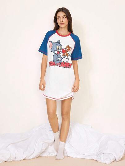 TOM & JERRY X SHEIN Women's Summer Funny Cartoon Letter Print Contrast Color Raglan Short Sleeve Loose Nightgown