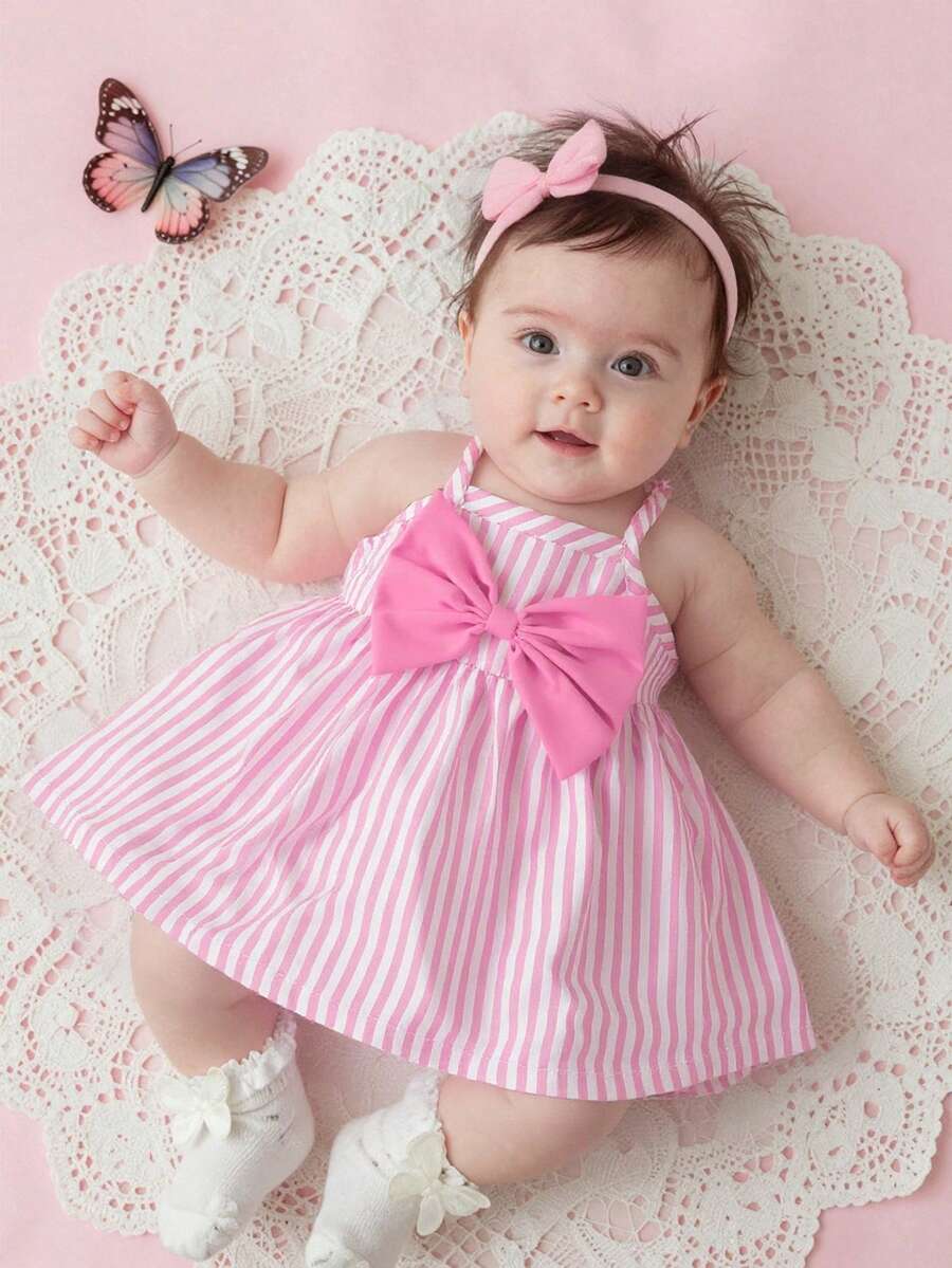 SHEIN Cute Summer Light Pink & White Striped Sleeveless Strappy Dress For Newborn Girls Decorated With 3D Bow A-Line Flared Birthday Skirt 0-9 Years Old - Pink - View 1