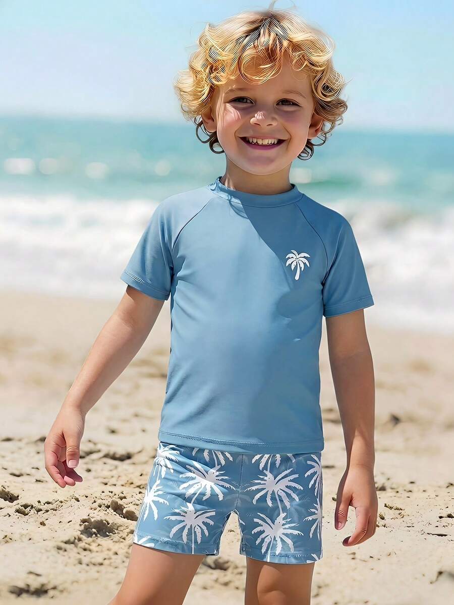 SHEIN Bộ đồ bơi nam gồm áo thun ngắn tay cổ tròn dáng rộng thoải mái và quần short, thích hợp cho mùa hè. - Nhiều màu - Xem 1
