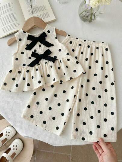 SHEIN Baby Girl Round Neck Bow Decor Polka Dot Ruffle Top And Pants Casual Daily Outfit