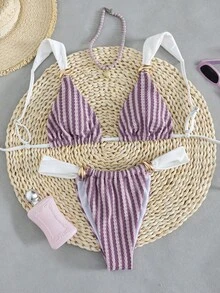 SHEIN Swim Vcay 女士春夏条纹提花面料撞色金属配饰宽肩带丁字裤比基尼套装 - 可爱休闲沙滩风 - 彩色 - 查看 3