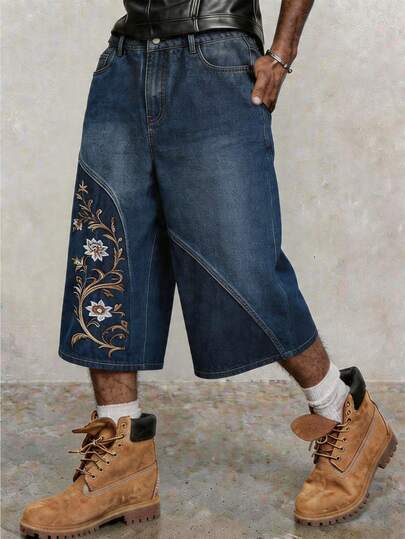 ROMWE MEN Street Life Quần short denim thêu hoa chắp vá dành cho nam