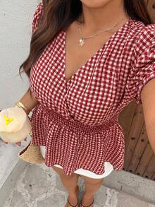 Sunnyshic 时尚简约夏季新款红色格子温柔优雅修身连帽衬衫 - 紅色 - 查看 7