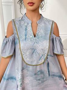 Al Najma Women's V-Neck Jacquard Off-Shoulder Casual Party Dress - Baby Blue - View 3