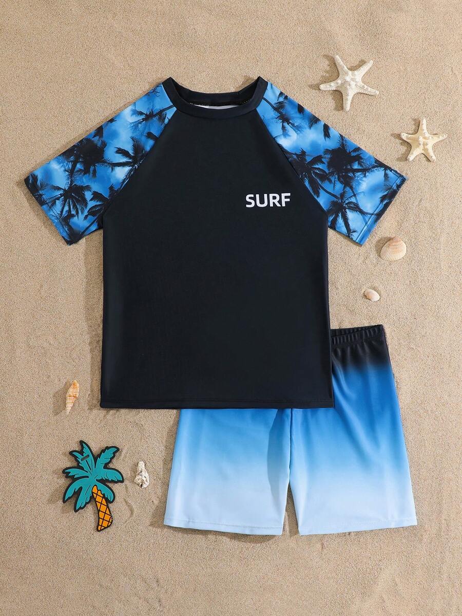 SHEIN 青少年男童撞色插肩袖短袖休闲夏季泳装套装 - 藏蓝色 - 查看 1