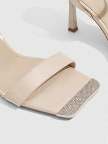 CUCCOO SZL Women's Square Toe Thin High Heel Sandals, Apricot Color With Rhinestones And Metal Toe, Fashion Sexy Elegant Party Ankle Strap Open Toe High Heels - skin tone - View 3