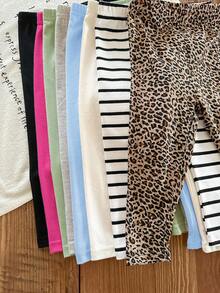SHEIN Babygirl Casual Versatile Knit Elastic Waist Striped & Leopard Print Pants (Sold Separately From Top) - Multicolor - View 3