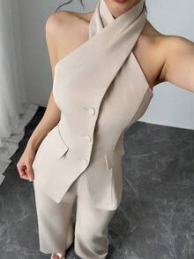 Feyla Set de 2 piezas de top halter de un solo pecho y pantalones de unicolor, conjunto casual de mujer - Albaricoque - Ver 7
