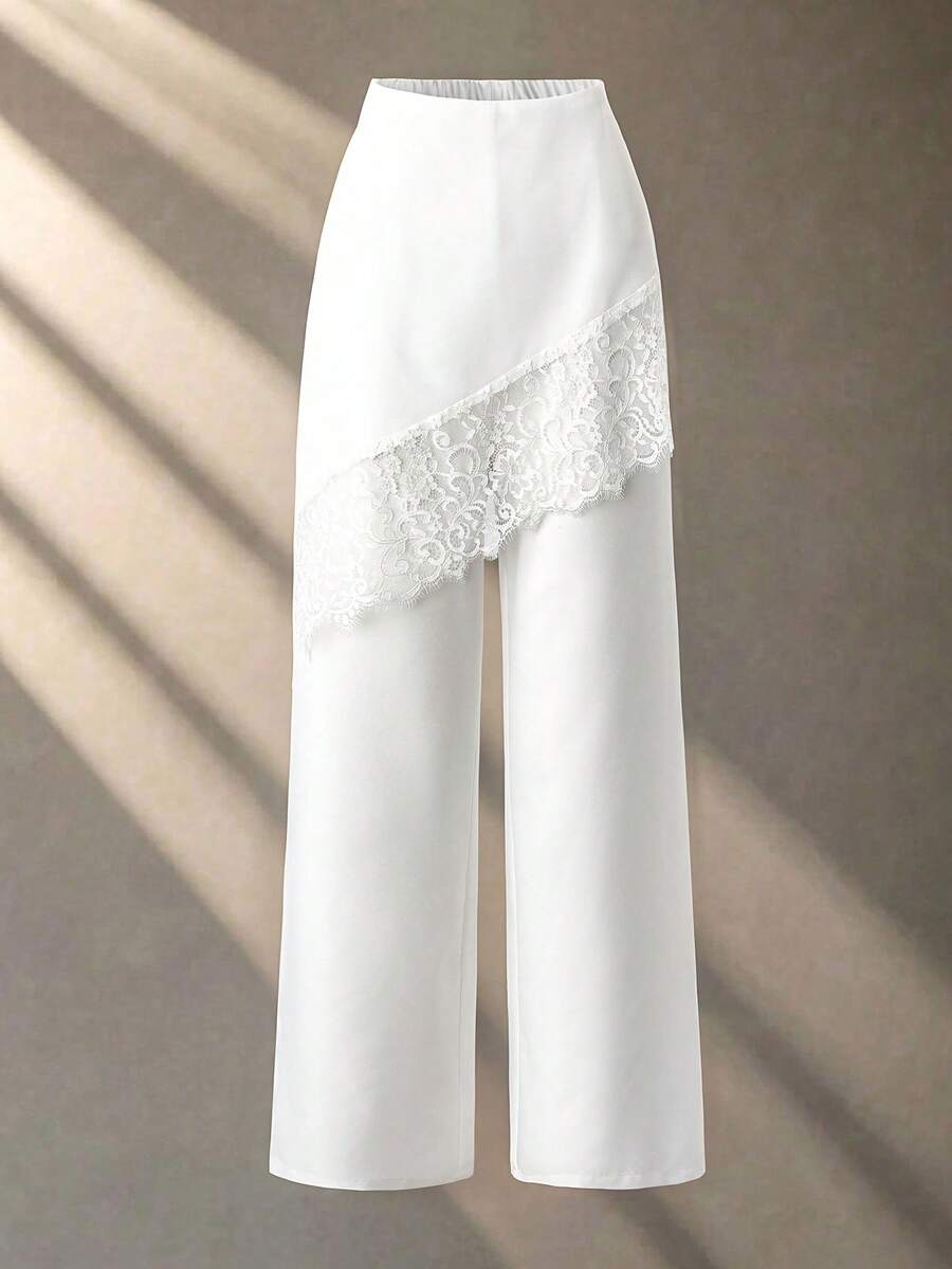 SHEIN Franclia 法式浪漫优雅白色蕾丝拼接女士夏季套装裤 - 白色 - 查看 1