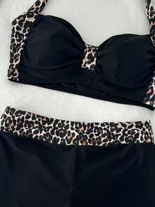Swim Lushoire Women's Leopard Print Contrast Halter Neck Bikini Set With Boyshort Bottom, Ruched Bandeau Two Pieces Swimwear For Beach Vacation - Multicolor - View 4