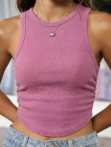 Muchica Vintage Solid Curved Hem Ruched Tank Top, Rose Red - Hot Pink - View 4