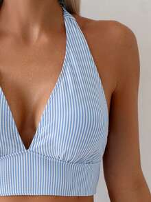 Swim Lushoire 条纹纹理面料抽绳系带吊带女士夏季露脐上衣和比基尼两件套 - 彩色 - 查看 4